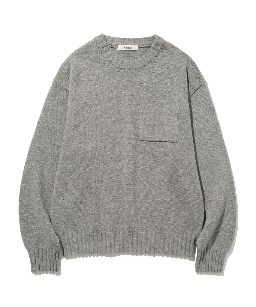 KNITTED Cashmere Wool Pocket Round Knit Grey