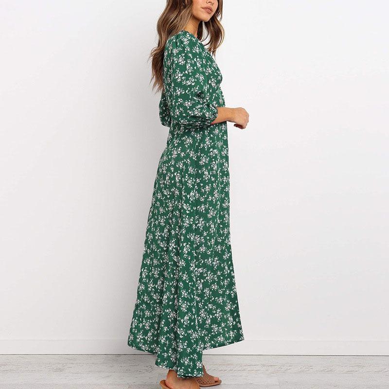 Женские осенние принтованные шифоновые платья с V-образным вырезом и длинными рукавами и высокой талией
