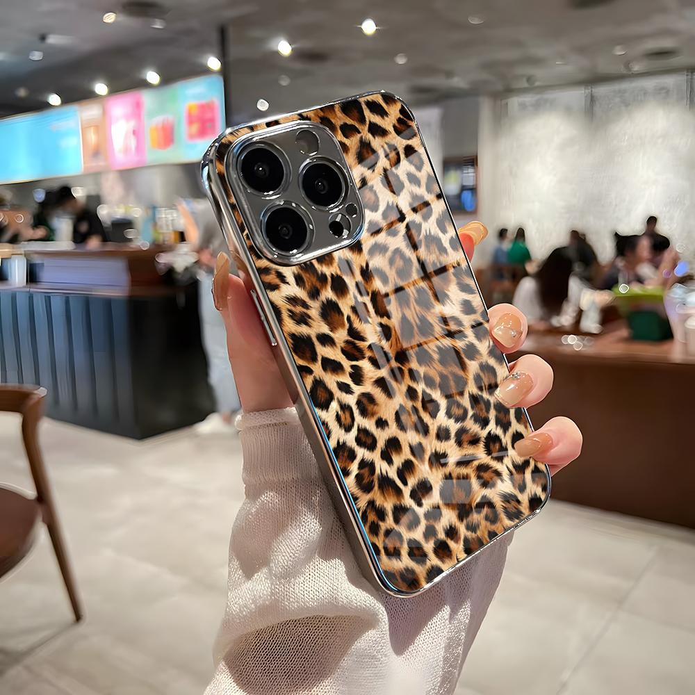 Роскошный чехол для телефона с леопардовым принтом для IPhone 17 Pro Max 15 Pro 16 14 Plus 12 13 Mini 11 Pro Ударопрочный гальванизированный стеклянный чехол