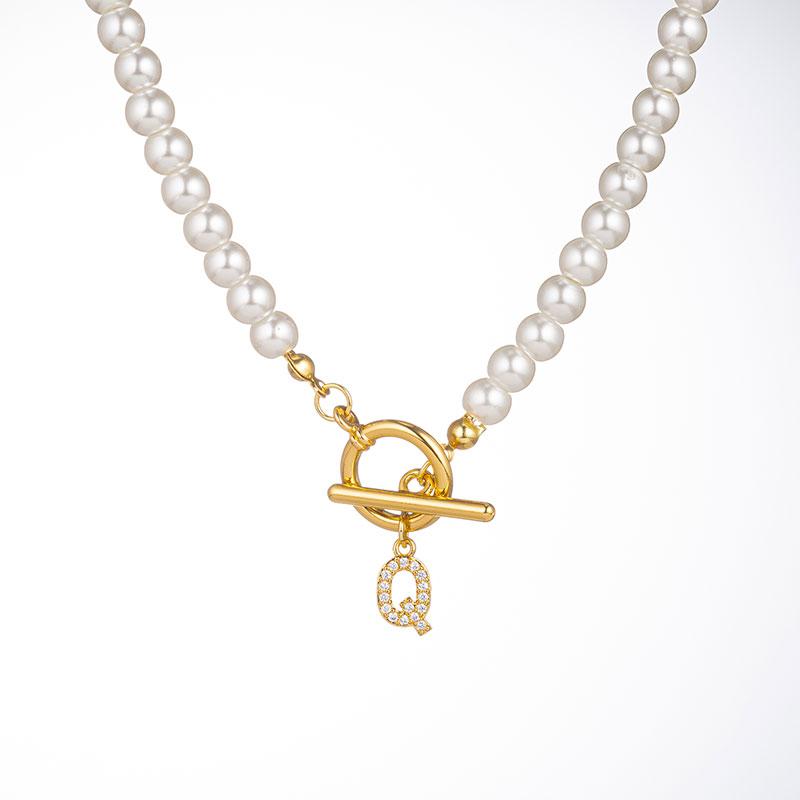 Zircon Crystal Initial A-Z Letter Pendant Necklace for Women Toggle Clasp Imitation Pearls Necklaces Wedding Jewelry Gift