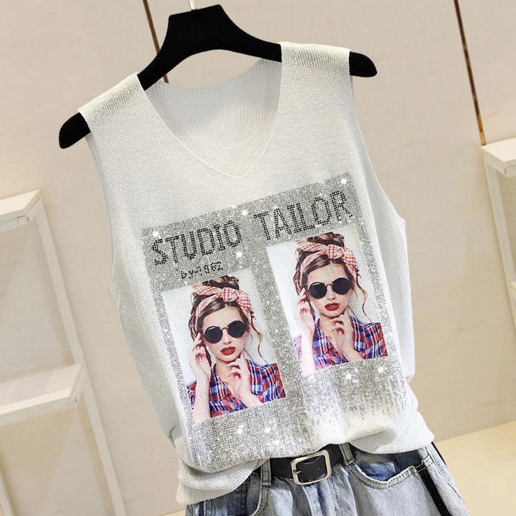 2023 Блестящий шелковый женский жилет без рукавов с V-образным вырезом - Новый стиль весна/лето, свободный крой с вязаным дизайном на бретелях с горячими бриллиантами