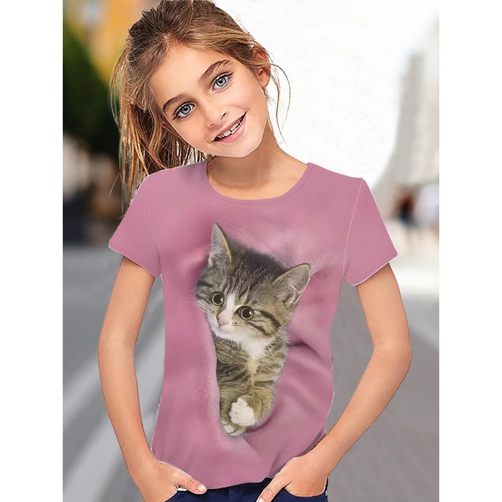 Футболка с милым принтом котенка для детей, с круглым вырезом и короткими рукавами, повседневная футболка для детей, для девочек, для летних видов спорта на открытом воздухе