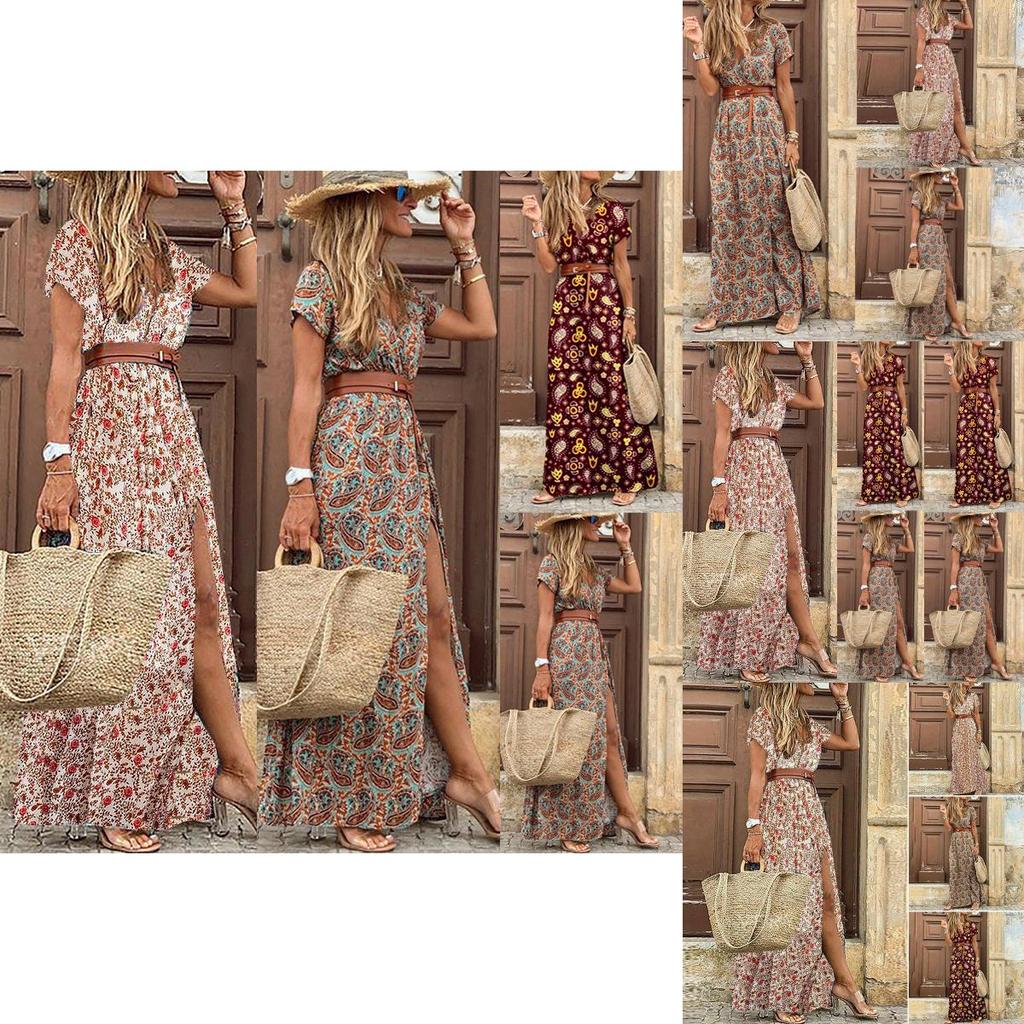 Цветочное Женское Летнее Длинное Макси Платье Леди V-образный Вырез Бохо Пляжное Праздничное Сарафан