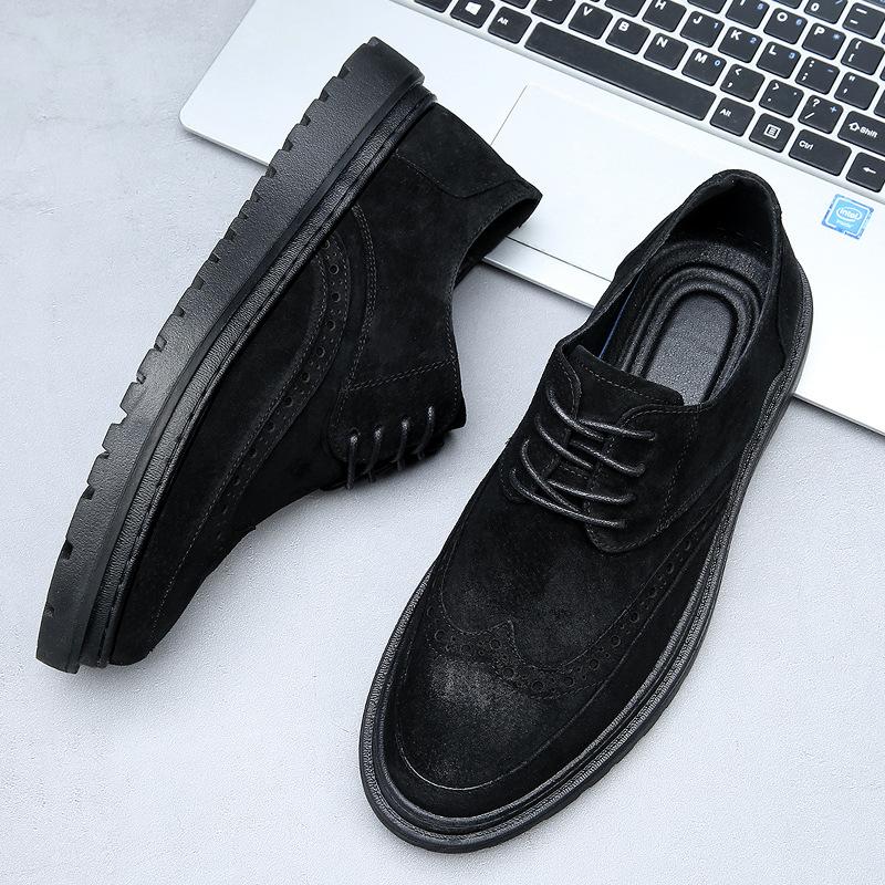 Мужские туфли на шнуровке на высоком каблуке, черные замшевые броги, массивные оксфорды на платформе в стиле ретро для мужчин, увеличивающие рост