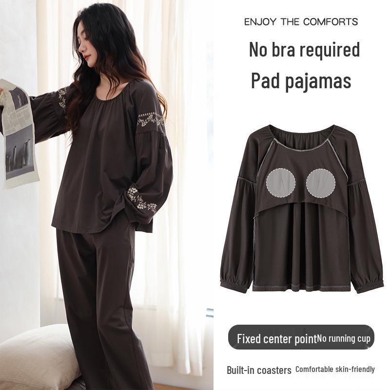 Women's Pure Cotton Long Sleeve Pajama Set with Chest Pads - 2025 Autumn Collection