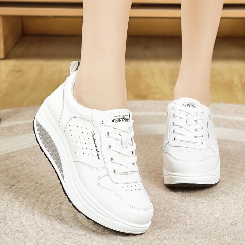 Women's Height Increase White Leather Wedge Sneakers Casual Thick Sole Loafers Girls Minimalist Maternity Shoes