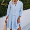 Платье-рубашка на пуговицах для женщин Повседневное платье в полоску с коротким рукавом и V-образным вырезом Струящееся платье-миди А-силуэта для летнего пляжного отдыха