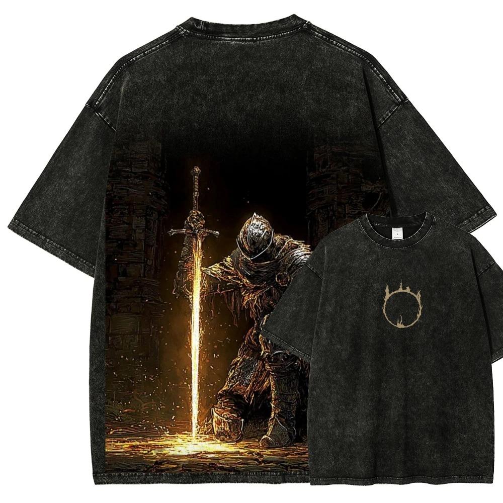 Dark Souls Повелитель Гробниц Нито и Костер Винтажная Стирка Оверсайз Унисекс Уличная Одежда Футболка для Женщин и Мужчин
