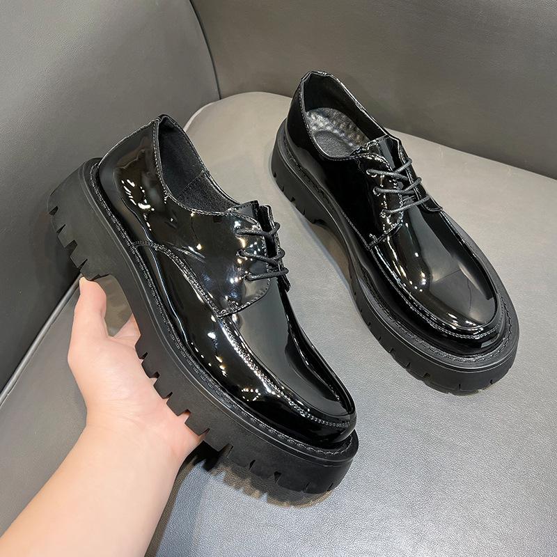 Повседневные мужские туфли из натуральной кожи в британском стиле, с круглым носком, увеличивающие рост, черные, на платформе, 20353-T