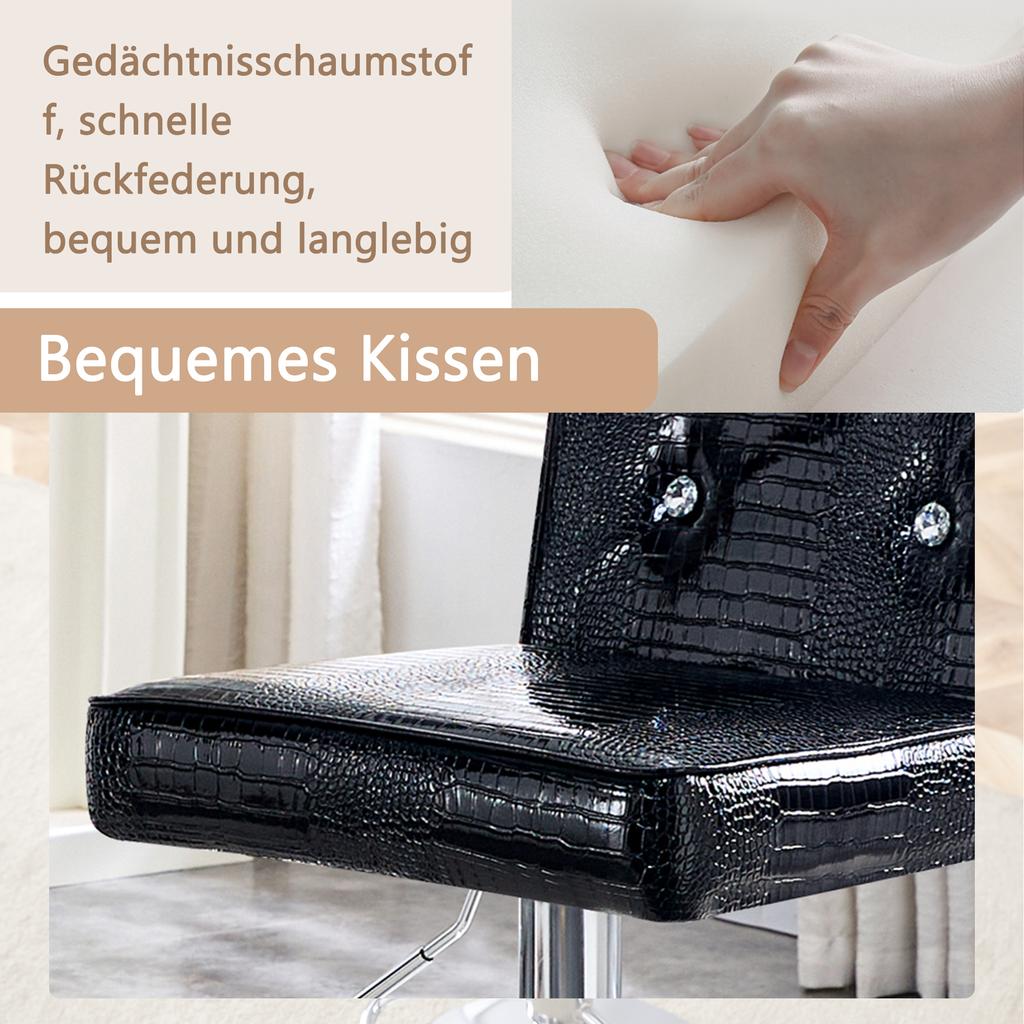 A Set of 2 Black Vintage Crocodile Leather Lift Bar Stools, with Crystal Buckle and Synthetic Leather Design, Add Elegance and Mystery to Dining Area