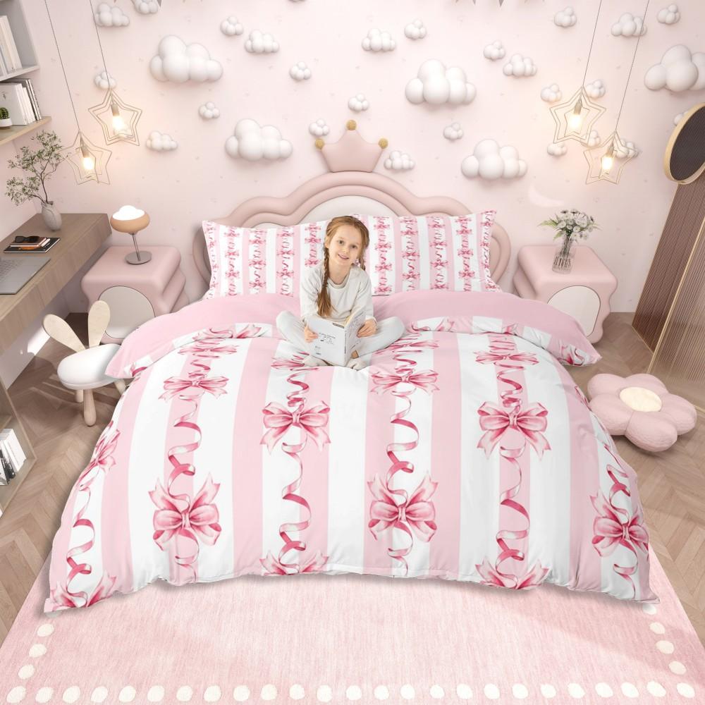Homewish Pink Ribbon Bow Duvet Cover Set for Girls,Kawaii Princess Cartoon Bedding Set,Cute Stars Print Reversible Bed Set
