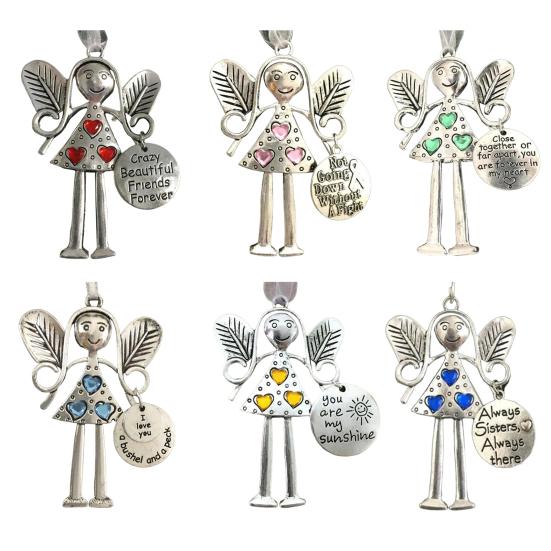 Angle Girl Hanging Decoration Iron Art Silver Color Wing Love Heart Rhinestone Carved Words Friendship Ornament Pendant Birthday Festival Gift