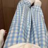 Petite Blue & White Checkered High Waist Summer Pants - Women's Casual Straight Leg Stroll Style