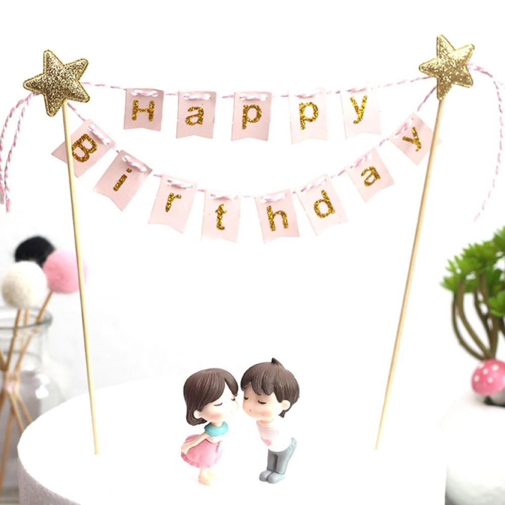 Girls DIY Bunting Happy Birthday Stars Gold Baking Decoration Cake Flags Party Supplies Cake Topper