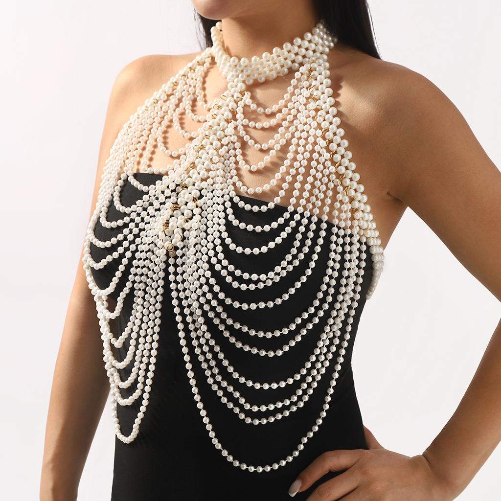 Fashion Body Chain Handmade Woven Shawl Pearl Tassel Wave Dress Wedding Costume Accessories