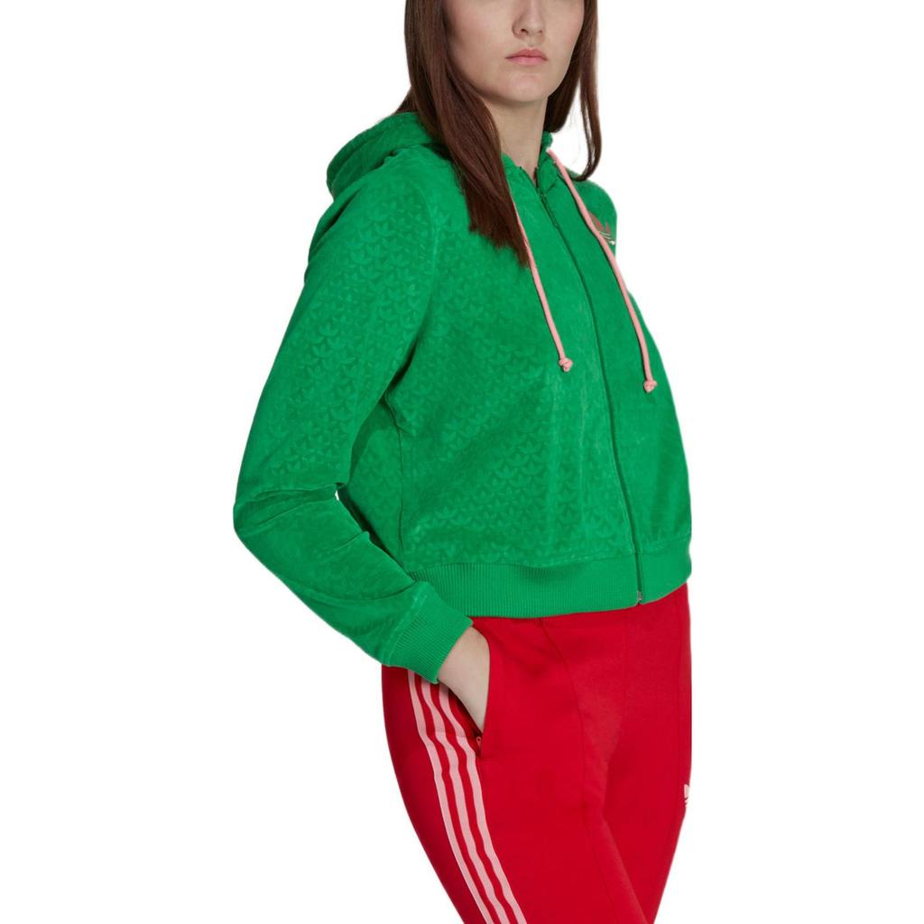 Adidas Originals FW22 Trefoil Print Zip Hoodie With Drawstring Long Sleeves Women Tops Green IB2047