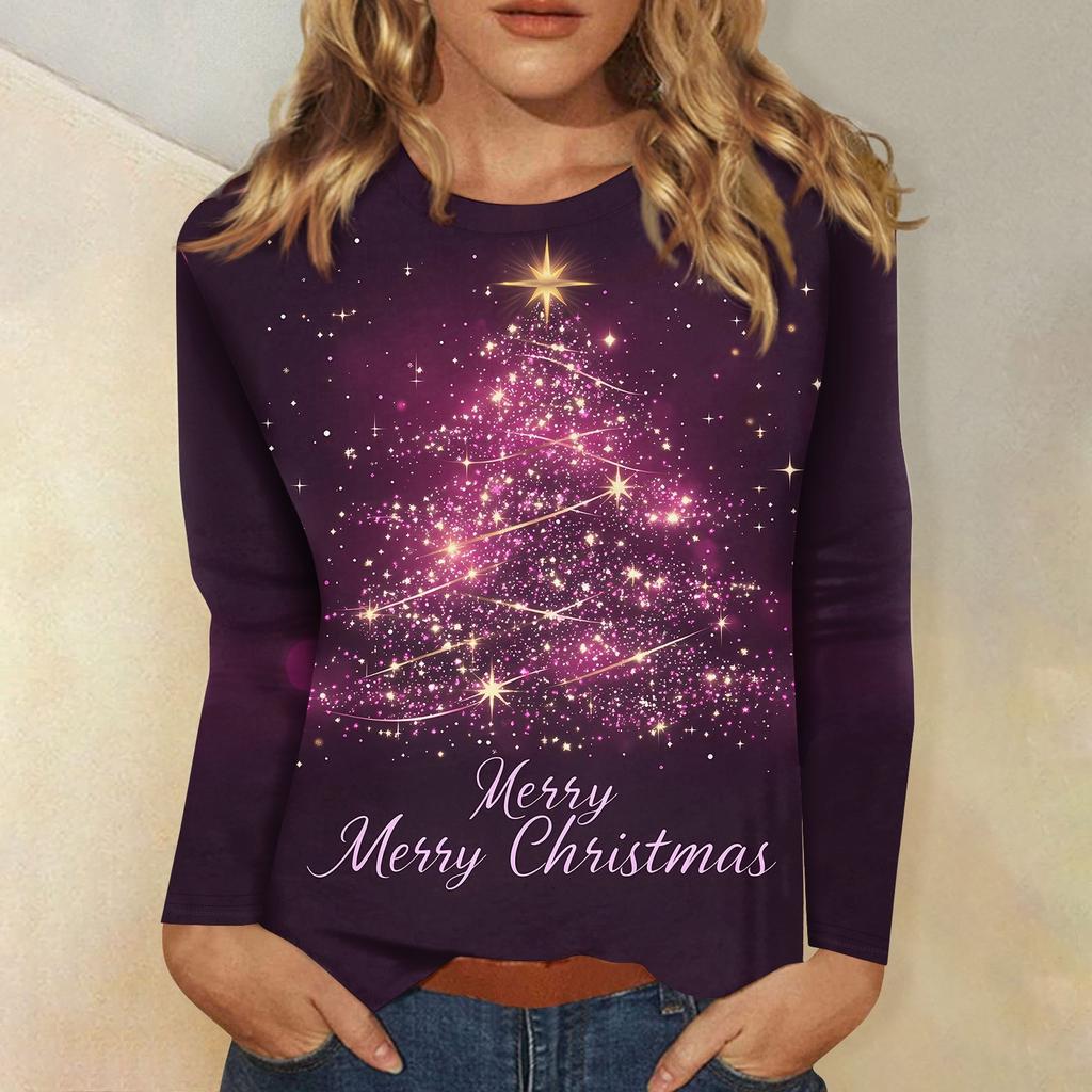 Женская мода повседневный рождественский принт круглый вырез длинный рукав пуловер топ