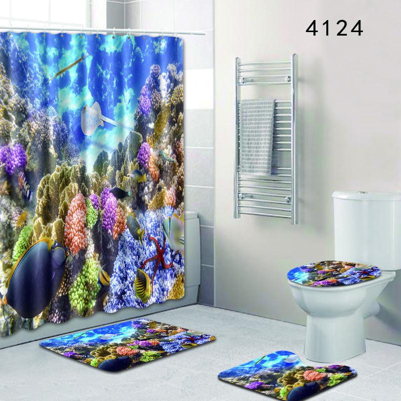 Undersea Landscape Bathroom Shower Curtain Floor Mat Toilet Cover Foot Pad Four-Piece Pattern Size Fixed Zhi