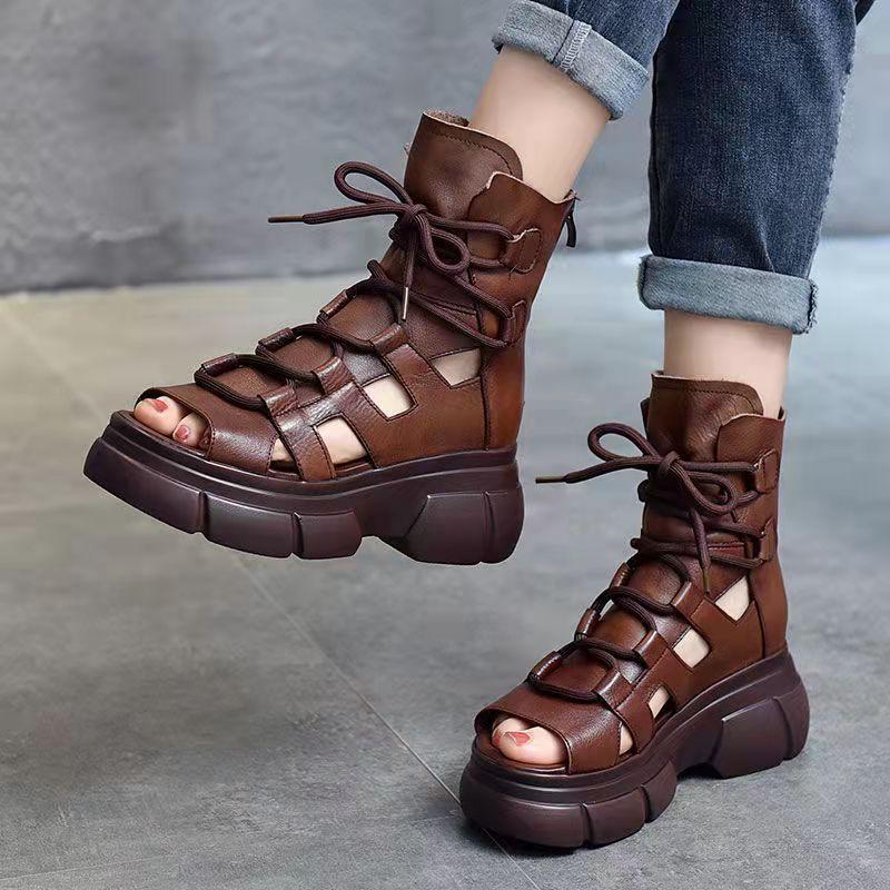 2024 New Summer Black Women Leather Sandals Cool Ankle Boots Platform Shoes Wedges Women's Sandals Fashion Outdoor Sandalias