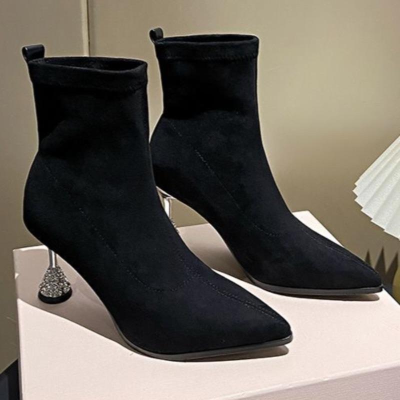 Ботильоны на высоком каблуке с кристаллами, замшевые теплые женские туфли, зимние брендовые повседневные туфли-челси с острым носком, трендовые туфли-лодочки 2025 года, зимние ботинки-лодочки женские
