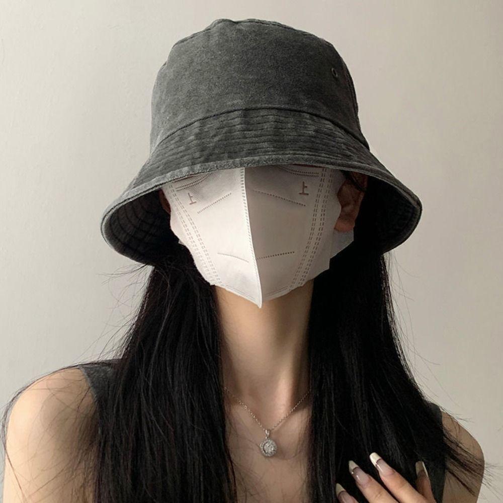 Teenager Sunshade Bucket Hat Solid Color Fisherman Hat Washed Denim Bucket Cap Men Women