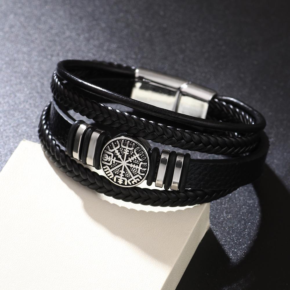 Multi-layer Punk Style Braided Leather Bracelet with Compass