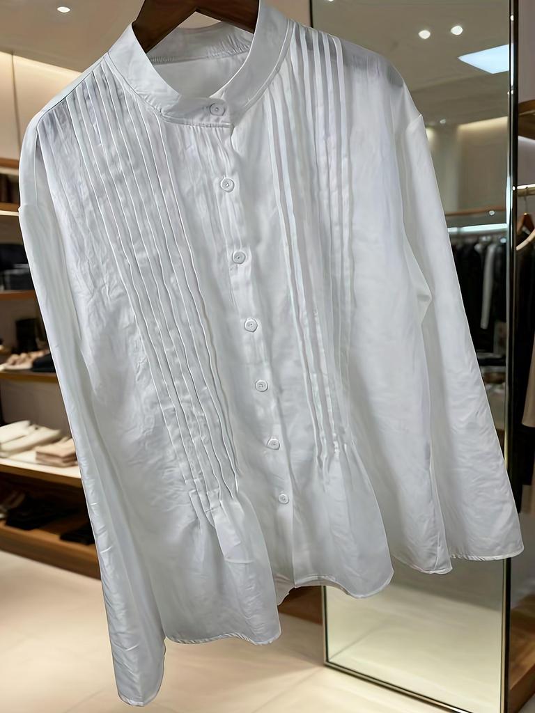 Женская белая ретро хлопково-льняная плиссированная рубашка с длинным рукавом
