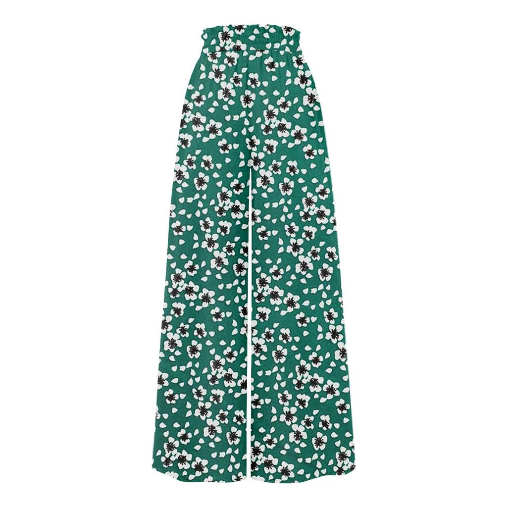 Женские широкие брюки с высокой талией, летние повседневные свободные брюки с карманами, пляжные брюки с принтом