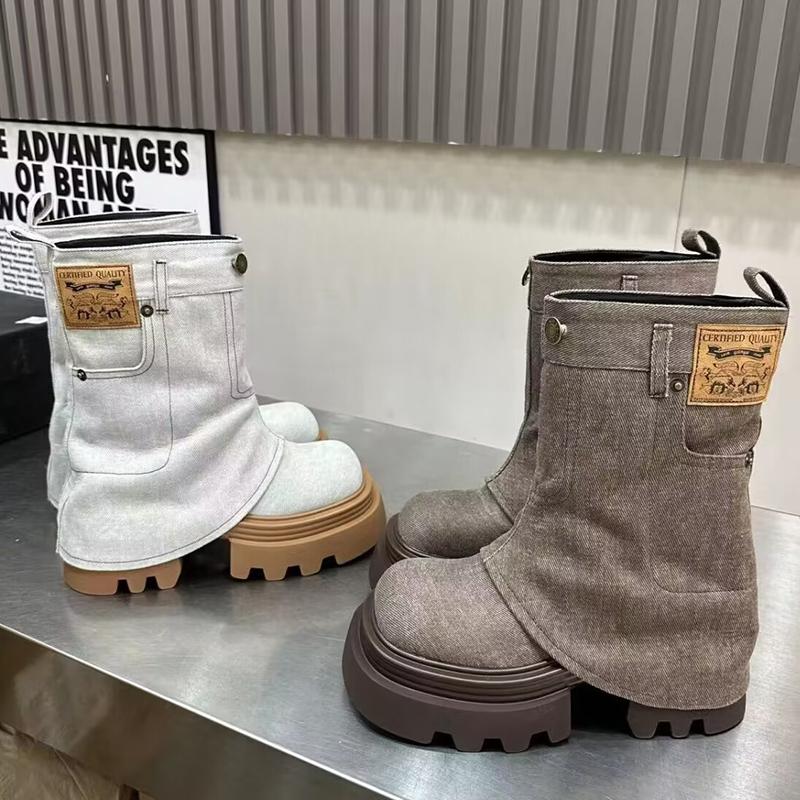 Women Platform Cowboy Mid-Calf Chelsea Boots Mid Heels Designer Shoes New 2024 Winter Fad Motorcycle Boots Goth Zapatos Femme