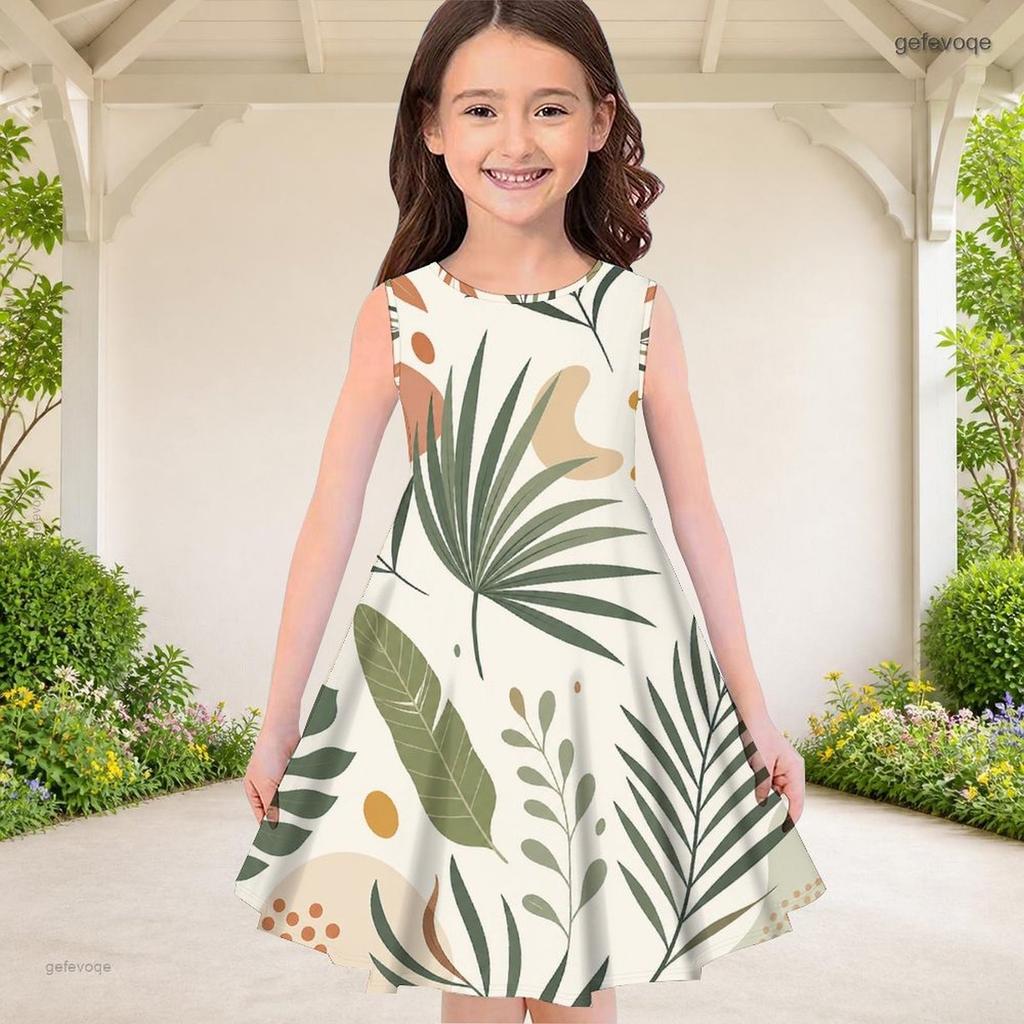 Girls Round Neck Sleeveless Fruit Leaf Printed A Line Flared Dress