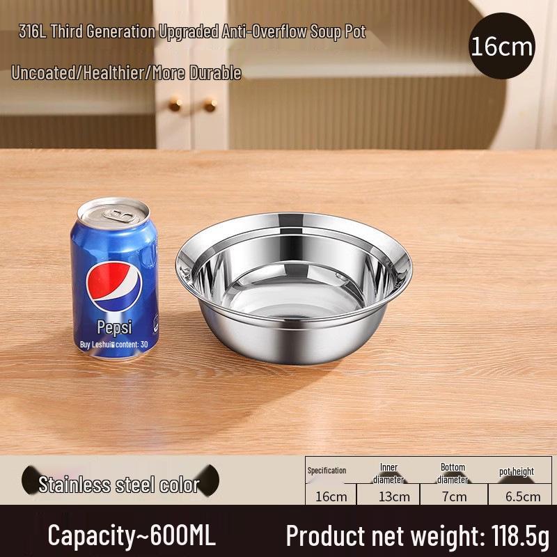 Food Grade 316 Stainless Steel Deep Round Bowl with Beveled Edge - Anti-overflow, Perfect for Soup and Rice