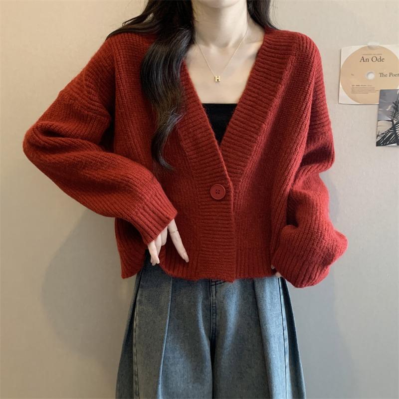 V-neck Fashion Women One Button Cardigan Short Sweater Autumn /Winter Long Sleeve Knitted Jackets Solid Color Elegant Loose Office Basic Casual Coats