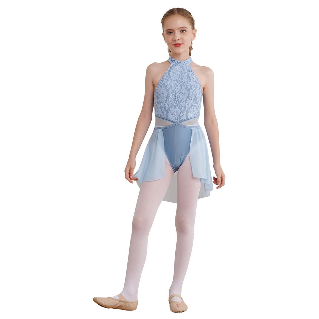 Девочки Кружевной Цветочный Танцевальный Купальник Без Рукавов Круглый Вырез Полая Спина Лоскутный Дизайн Неровный Подол Боди с Открытой Передней Частью