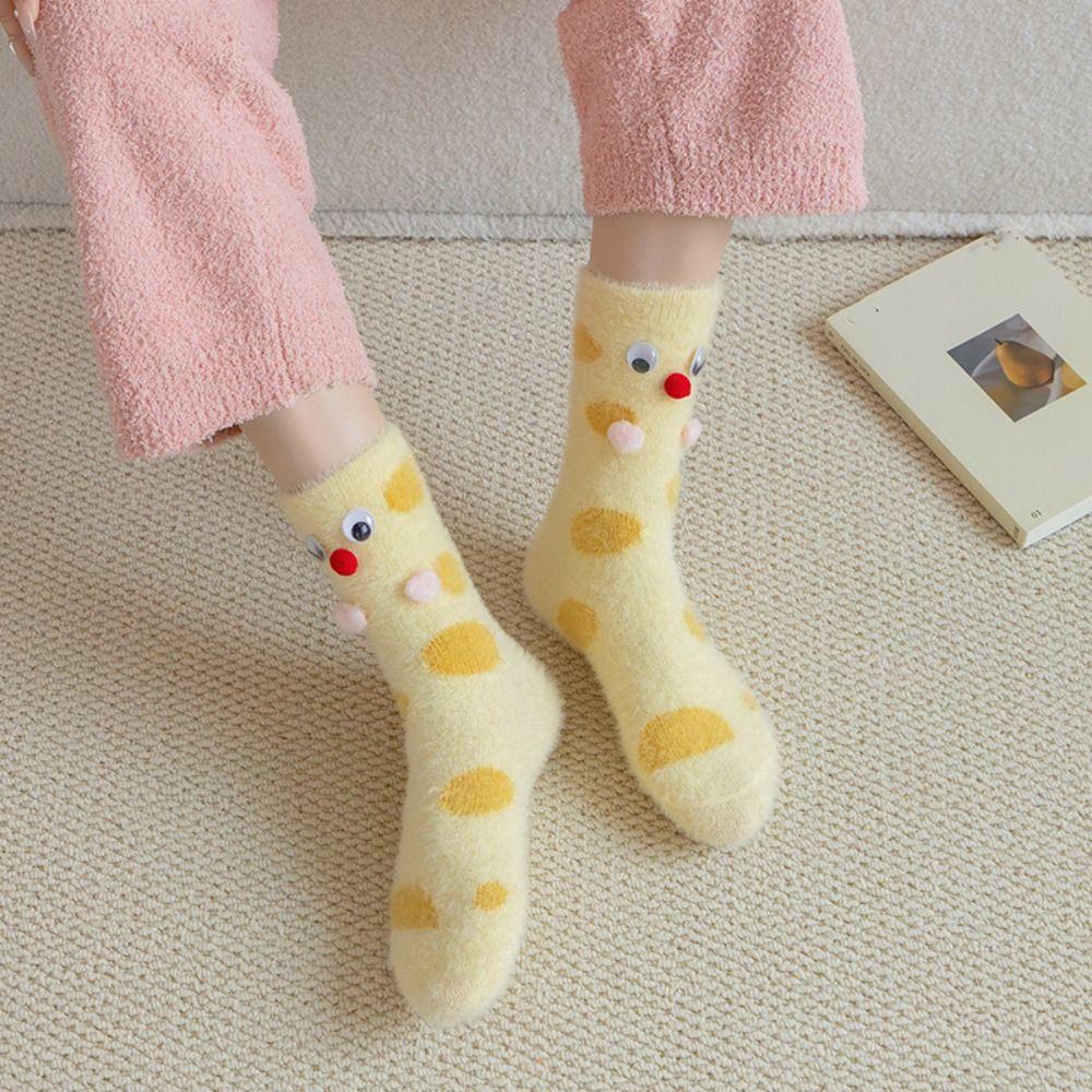Cute Eyes Plush Dot Socks Soft Thicken Warm Socks Ins Mink Fur Socks  Girls