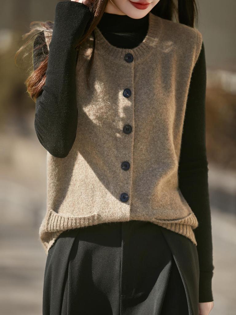 Женский вязаный жилет из чистой шерсти - Кардиган с круглым вырезом и карманами для осенне-зимнего многослойного образа
