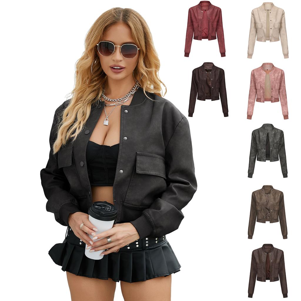 Loose Cardigan Jacket Casual Jacket Fashion Ribbed Shrunken Leather Jacket Women