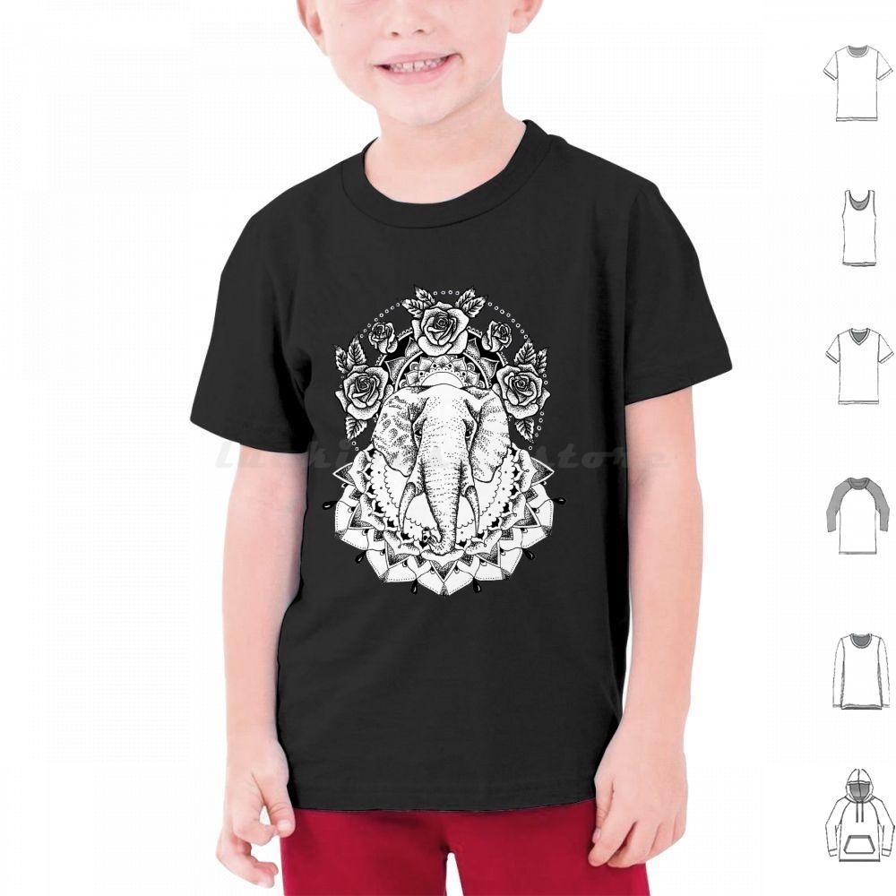 Floral Elephant Mandala T Shirt Men Women Kids Elephant Floral Flowers Roses Mandala Black And White Fine Liner Dot Work