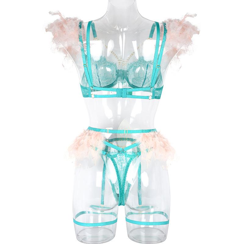 Металлическая цепочка, кружево, перо, кружево, сексуальное женское белье, женские стринги, комплект из 3 шт.