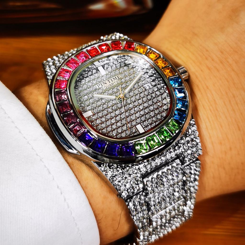 Мужские цветные кварцевые часы с бриллиантами, роскошные золотые серебряные мужские наручные часы с большим циферблатом, спортивные деловые часы Relogio Masculino