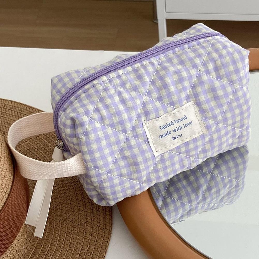 Women Checkered Makeup Bag Fashion Sweet Cotton Makeup Brushes Storage Bag Soft Fabric Organizer Pouch Cute Travel Toiletry Bag