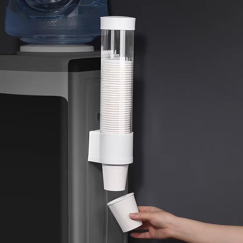 Dipuer Disposable Cup Holder, No-Drill Wall-Mounted Dust-Proof Plastic Cup Rack, Automatic Cup Dispenser for Water Coolers