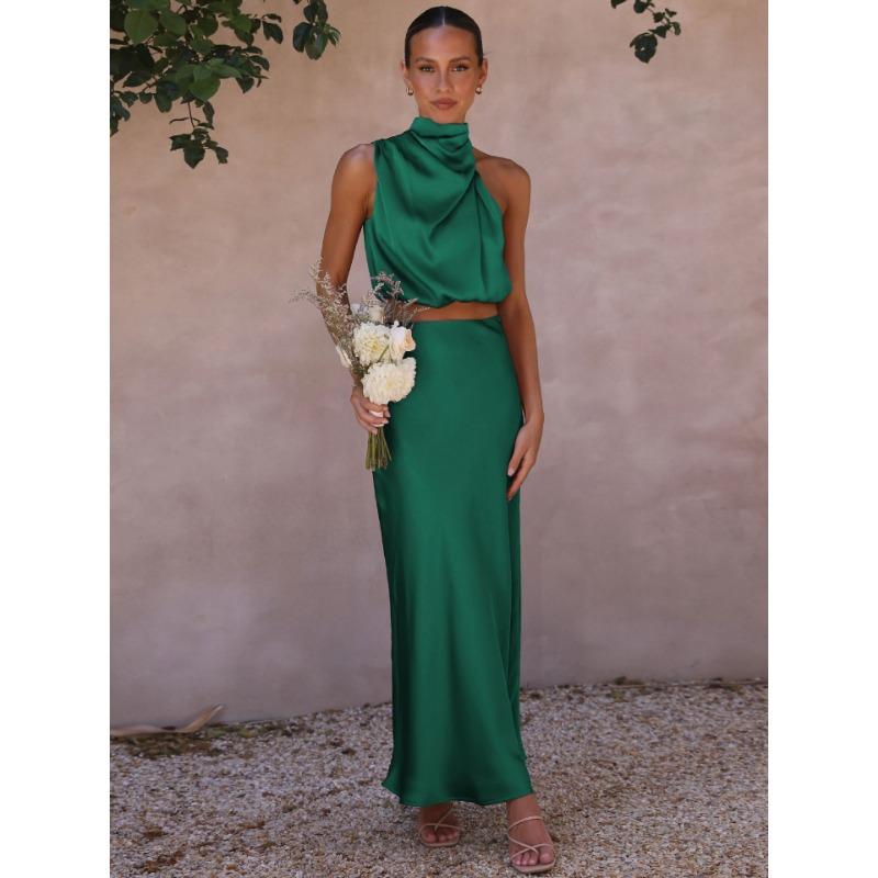 Summer Women's Sexy Bib Top Draped Halter Long Skirt Casual Fashion Suit Women's Evening Dresses