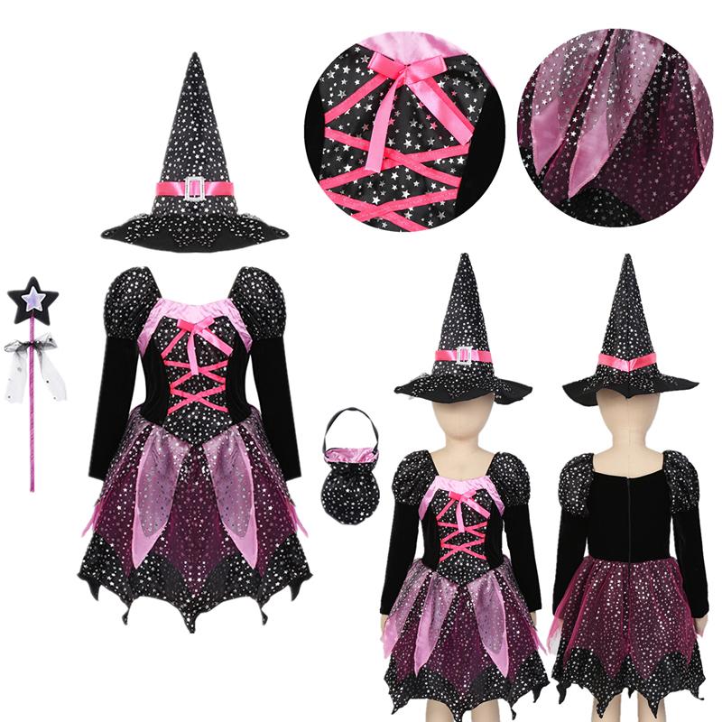 Kid Girls Halloween Witch Costume Sparkly Silver Stars Printed Carnival Cosplay Dress with Pointed Hat Wand Dress Up Clothes