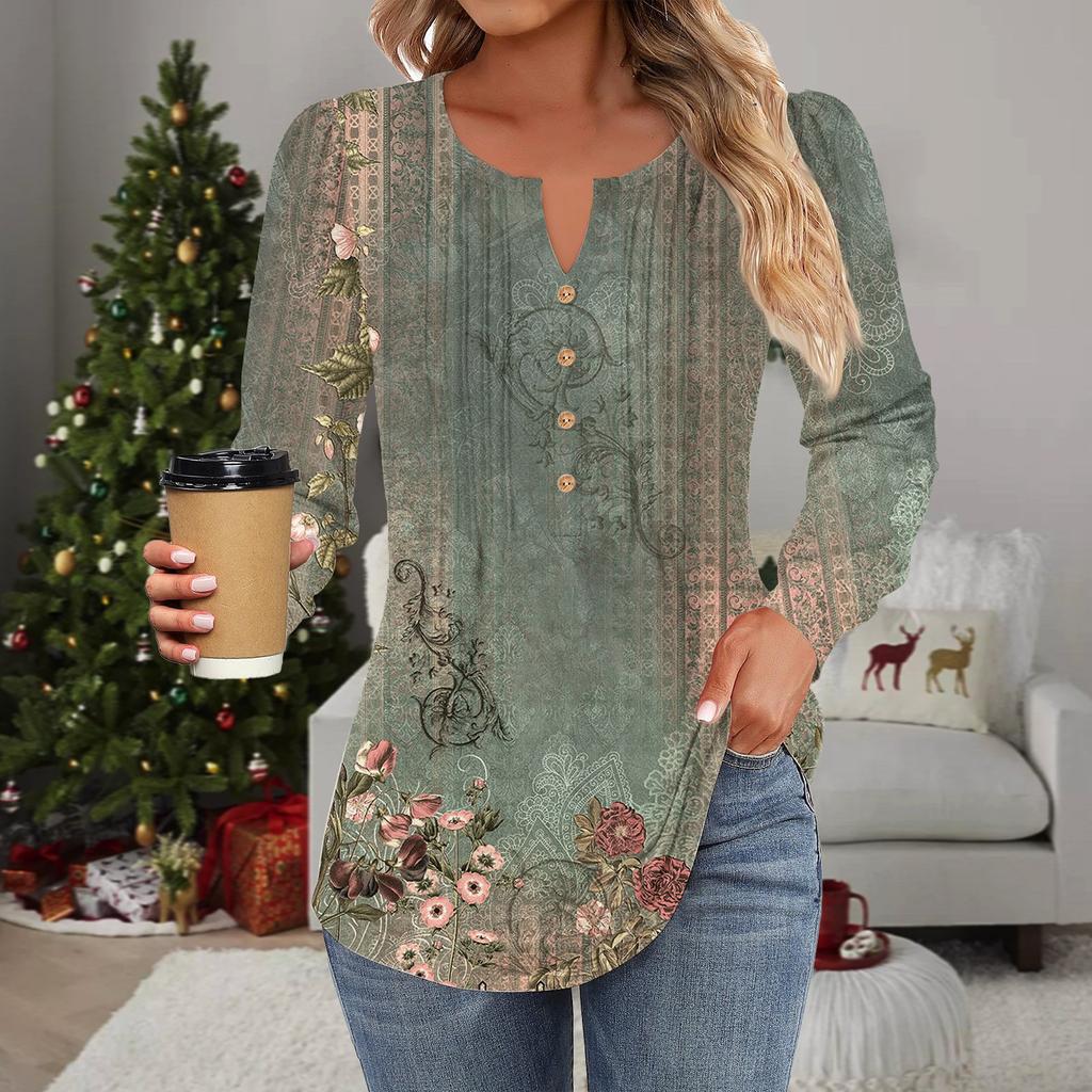 Женская мода повседневная плиссированная футболка с круглым вырезом и декоративными пуговицами и цветами с длинным рукавом