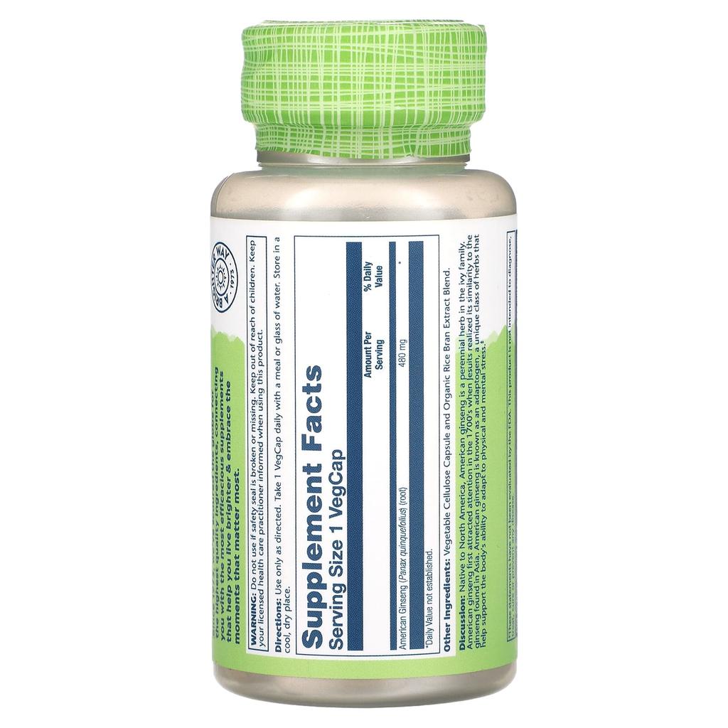 SOLARAY True Herbs, American Ginseng, 480 Mg, 50 Veggie Capsules