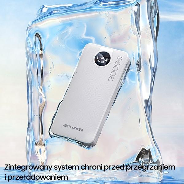Awei Powerbank P134K 20000Mah Czarny/Black Wyświetlacz + Kable Usb/Pd/Lightning/Microusb
