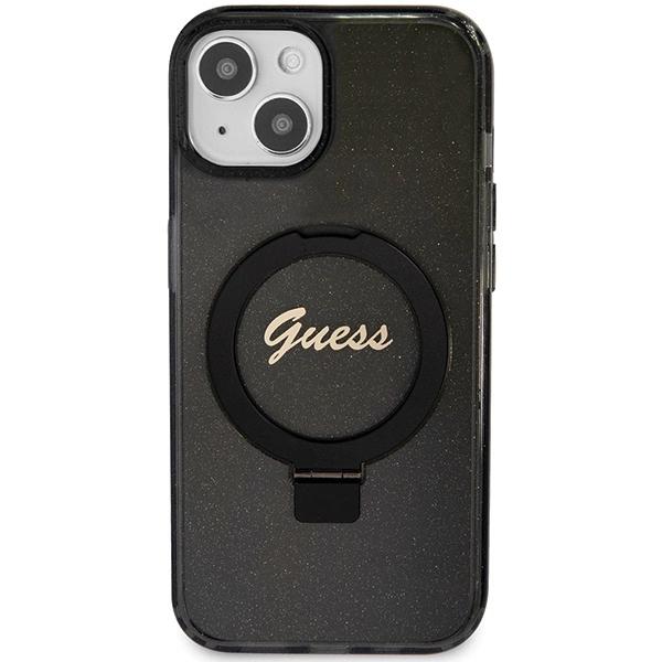 Guess Ring Stand Script Glitter Magsafe Case For Iphone 13 / 14 / 15 - Black