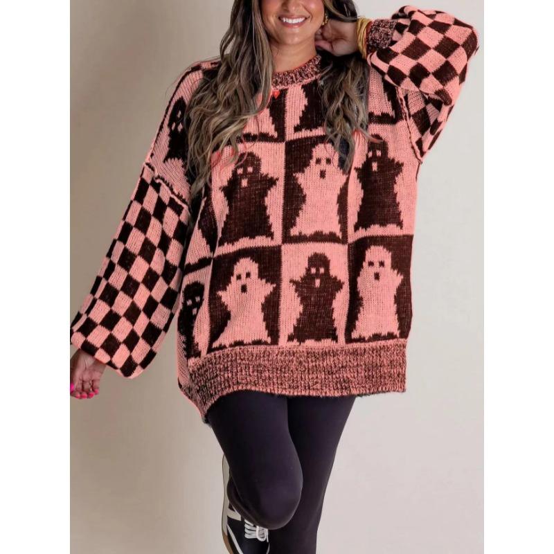 Осень-зима, длинные рукава, женские свитера, мода, большие размеры, Хэллоуин, свободный свитер с круглым вырезом, винтажный женский элегантный принт, повседневные джемперы 25367