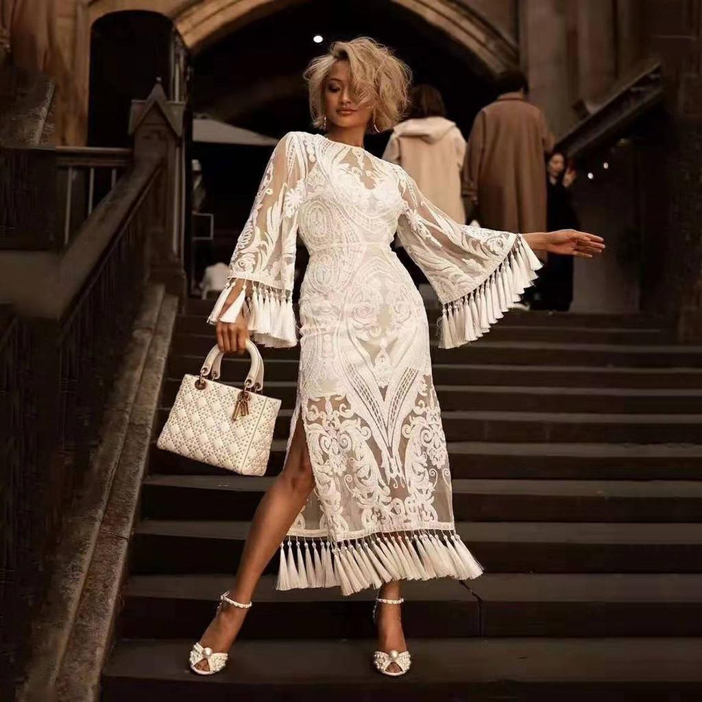 Women Wedding Bride Bridesmaids Elegant Round Neck Lace Tassel Long Sleeves Midi Long Dress Party Ball Gown