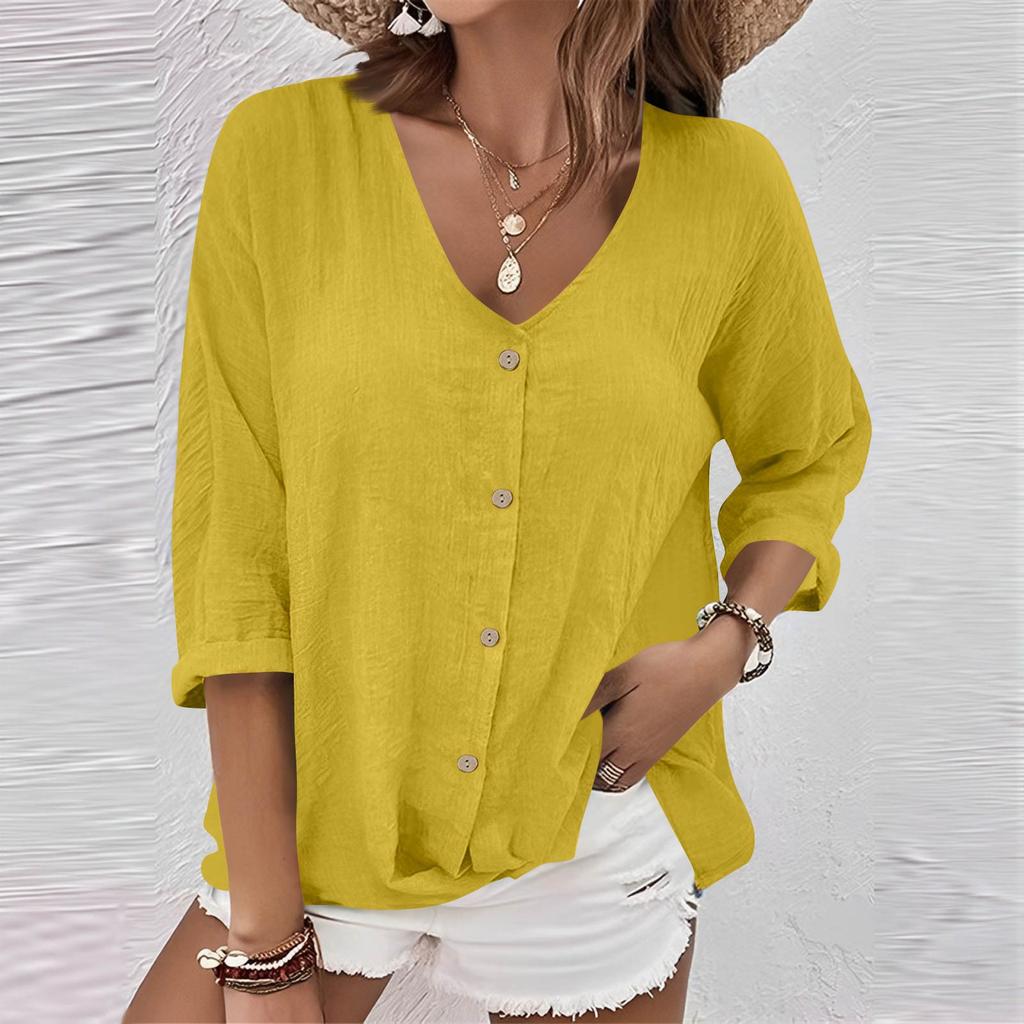 Women's Fashion Casual Solid Color V-Neck Live Button Seven Sleeve T-Shirt Top